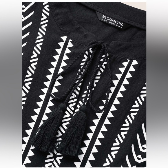 BloomChic Plus Size Geometric Bandana Print Knot Neck Tassel Trim Dress - Picture 4 of 7